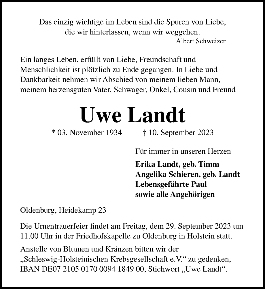  Traueranzeige für Uwe Landt vom 19.09.2023 aus Lübecker Nachrichten