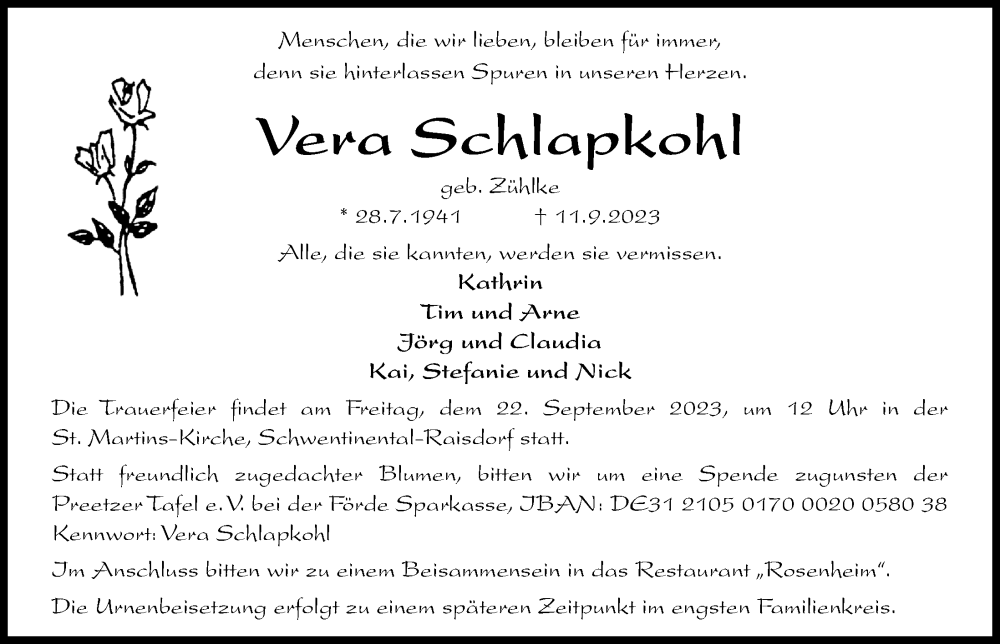  Traueranzeige für Vera Schlapkohl vom 16.09.2023 aus Kieler Nachrichten