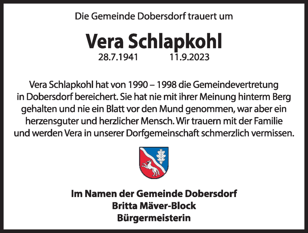  Traueranzeige für Vera Schlapkohl vom 20.09.2023 aus Kieler Nachrichten