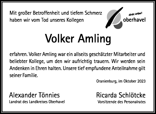 Traueranzeige von Volker Amling von Märkischen Allgemeine Zeitung