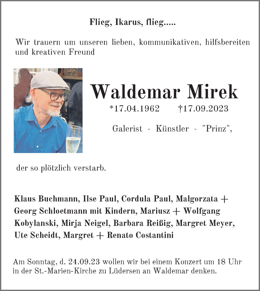  Traueranzeige für Waldemar Mirek vom 23.09.2023 aus Hannoversche Allgemeine Zeitung/Neue Presse