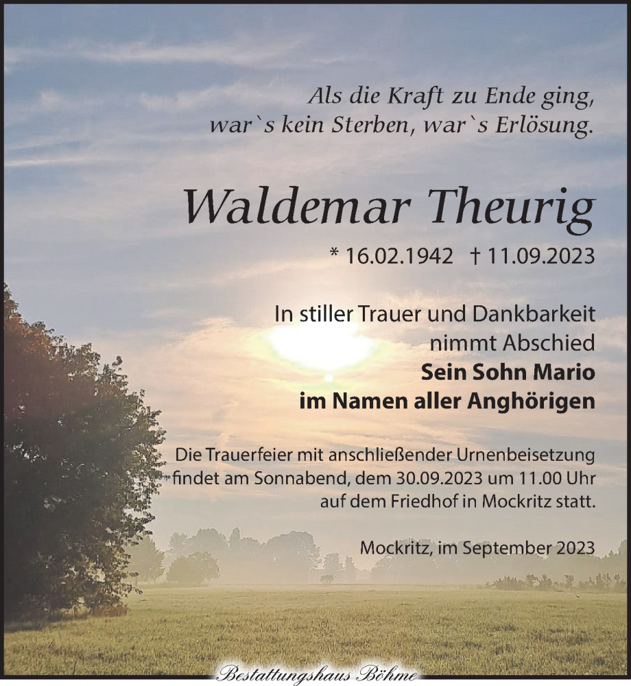  Traueranzeige für Waldemar Theurig vom 16.09.2023 aus Torgauer Zeitung