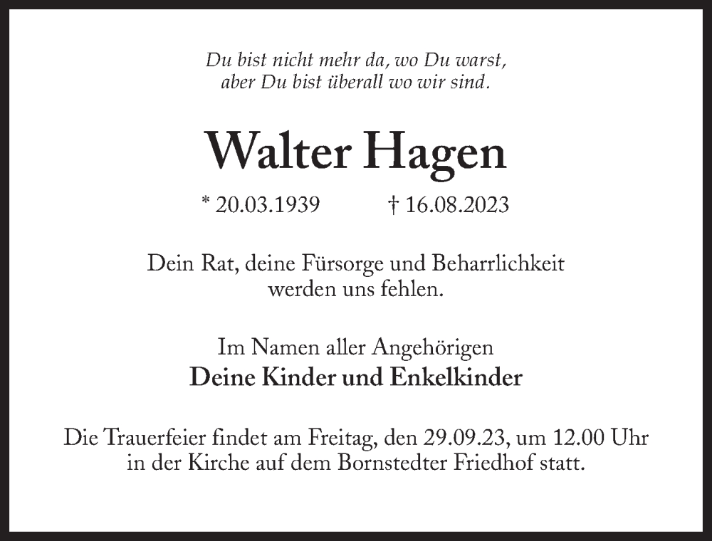  Traueranzeige für Walter Hagen vom 09.09.2023 aus Märkischen Allgemeine Zeitung