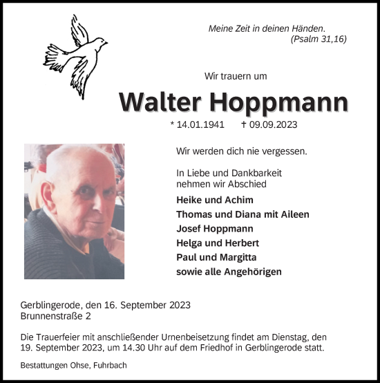 Traueranzeige von Walter Hoppmann von Eichsfelder Tageblatt