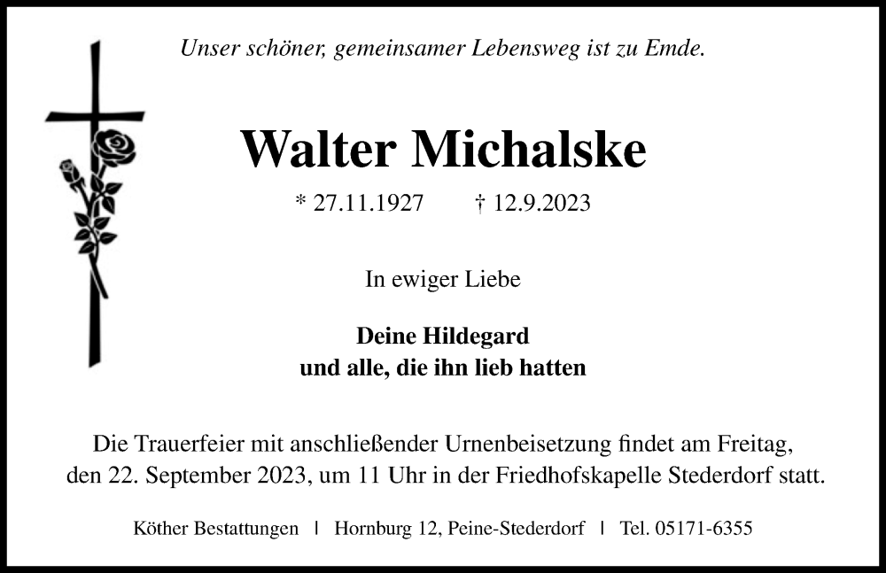  Traueranzeige für Walter Michalske vom 16.09.2023 aus Peiner Allgemeine Zeitung