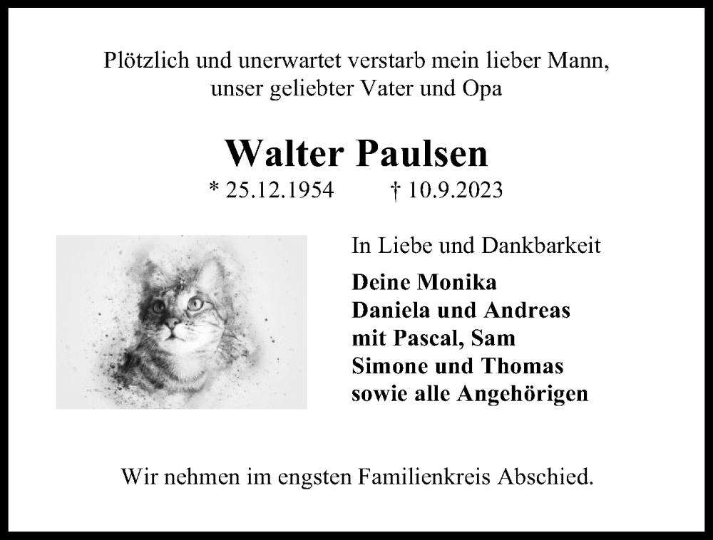  Traueranzeige für Walter Paulsen vom 16.09.2023 aus Kieler Nachrichten