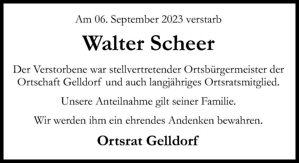  Traueranzeige für Walter Scheer vom 16.09.2023 aus Schaumburger Nachrichten