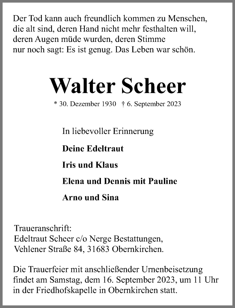  Traueranzeige für Walter Scheer vom 09.09.2023 aus Schaumburger Nachrichten