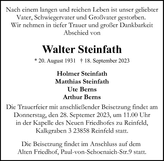 Traueranzeige von Walter Steinfath von Lübecker Nachrichten