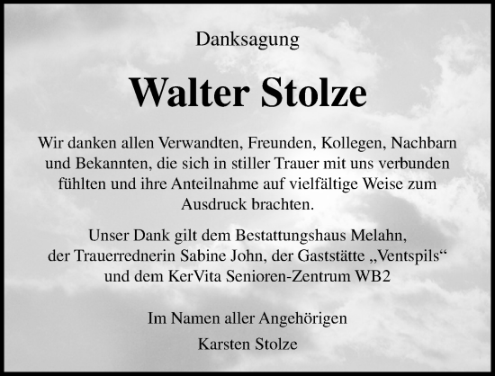 Traueranzeige von Walter Stolze