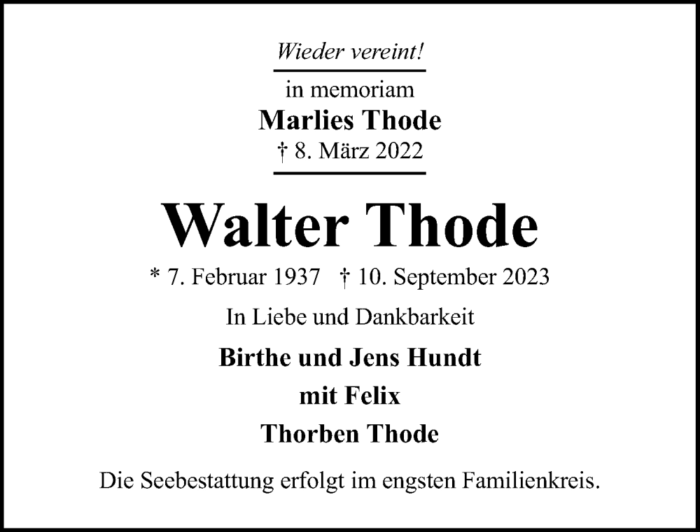  Traueranzeige für Walter Thode vom 17.09.2023 aus Lübecker Nachrichten