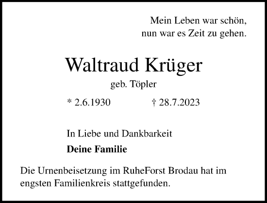 Traueranzeige von Waltraud Krüger von Lübecker Nachrichten