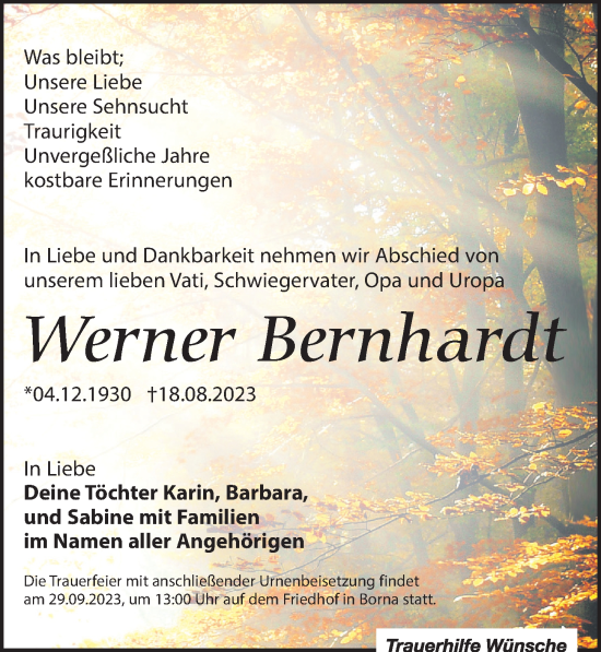 Traueranzeige von Werner Bernhardt von Leipziger Volkszeitung