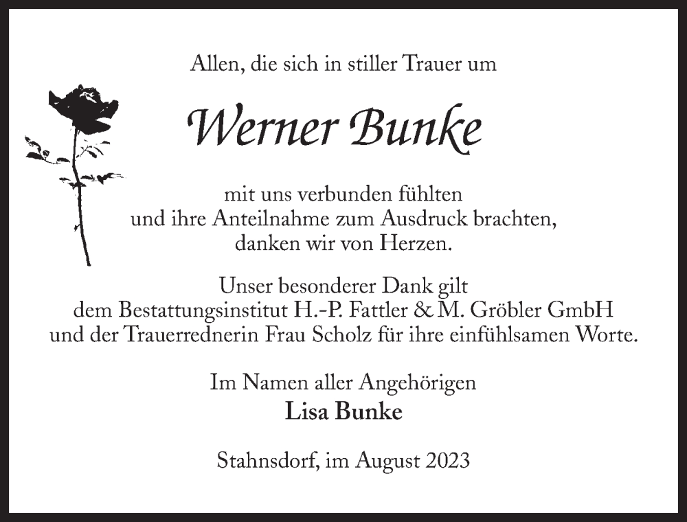  Traueranzeige für Werner Bunke vom 02.09.2023 aus Märkischen Allgemeine Zeitung