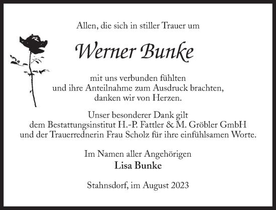 Traueranzeige von Werner Bunke von Märkischen Allgemeine Zeitung