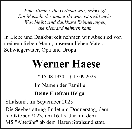 Traueranzeige von Werner Haese von Ostsee-Zeitung GmbH