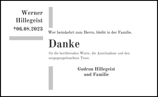 Traueranzeige von Werner Hillegeist von Peiner Allgemeine Zeitung