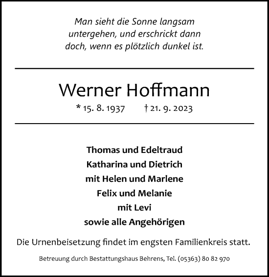 Traueranzeige von Werner Hoffmann von Aller Zeitung
