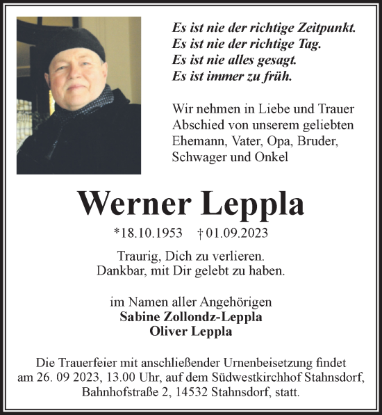 Traueranzeige von Werner Leppla von Märkischen Allgemeine Zeitung