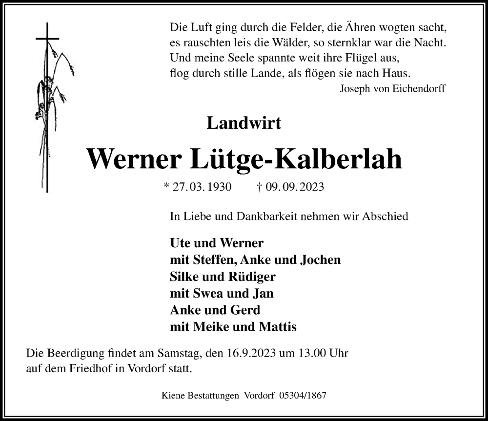  Traueranzeige für Werner Lütge-Kalberlah vom 13.09.2023 aus Aller Zeitung