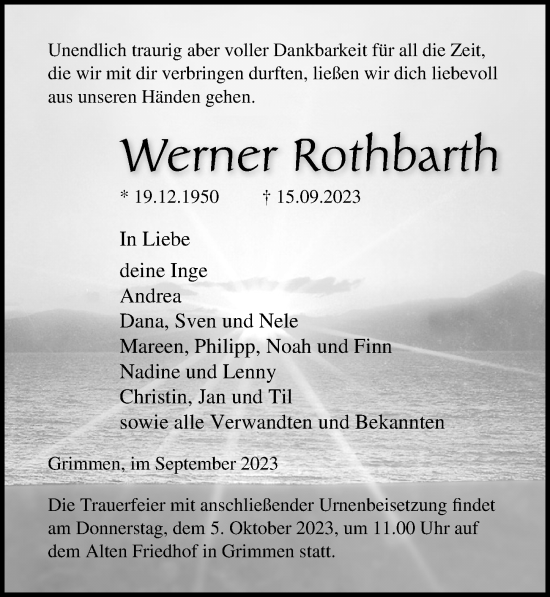 Traueranzeige von Werner Rothbarth von Ostsee-Zeitung GmbH