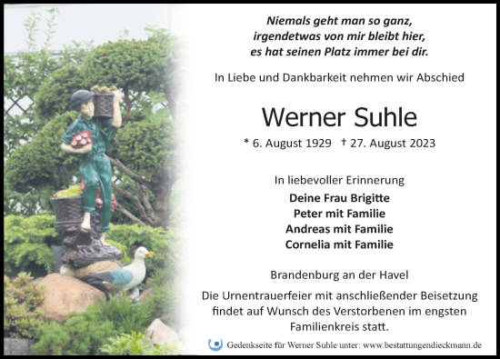 Traueranzeige von Werner Suhle von Märkischen Allgemeine Zeitung