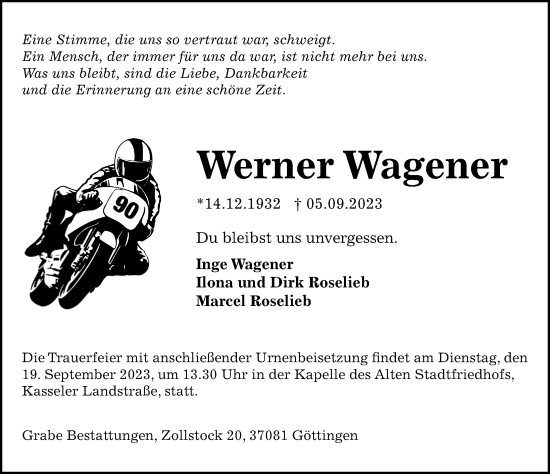 Traueranzeige von Werner Wagener von Göttinger Tageblatt