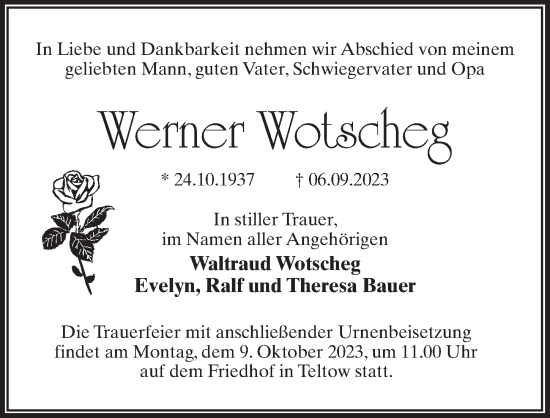 Traueranzeige von Werner Wotgeheg von Märkischen Allgemeine Zeitung