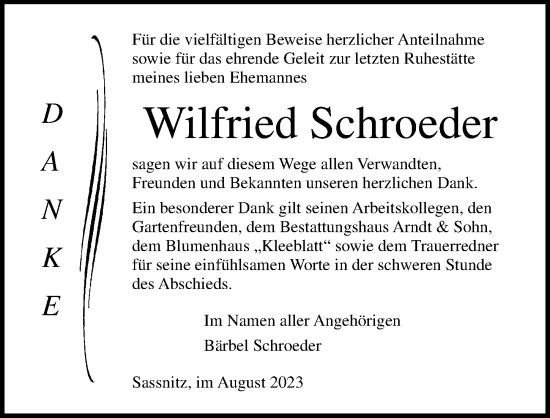 Traueranzeige von Wilfried Schroeder von Ostsee-Zeitung GmbH