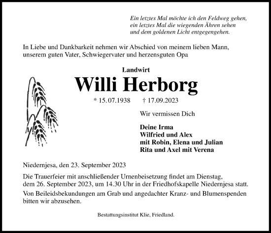 Traueranzeige von Willi Herborg von Göttinger Tageblatt