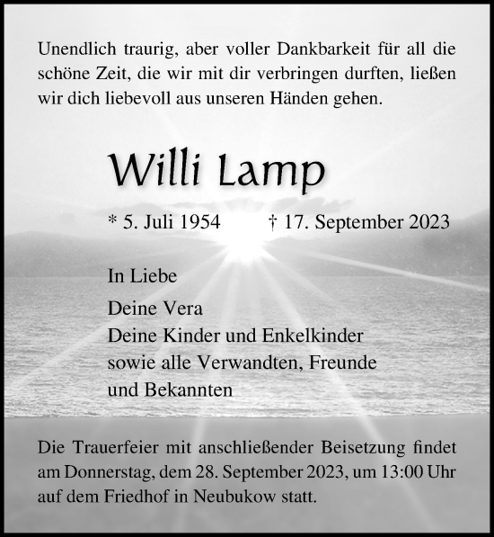 Traueranzeige von Willi Lamp von Ostsee-Zeitung GmbH