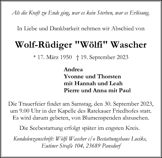 Traueranzeige von Wolf-Rüdiger  Wascher von Lübecker Nachrichten
