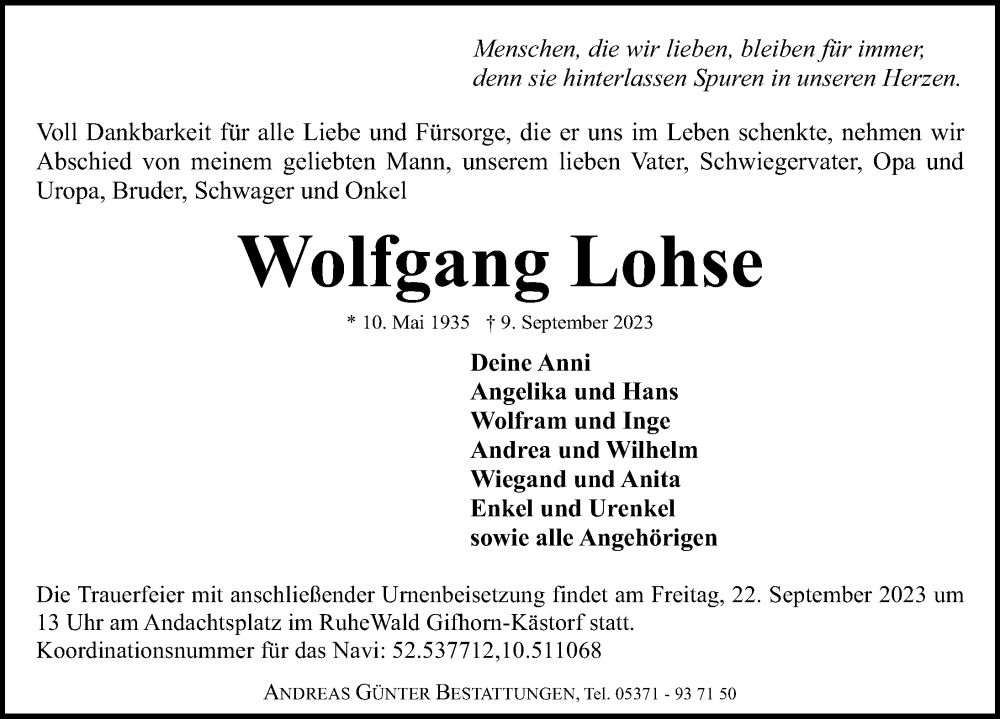  Traueranzeige für Wolfgang Lohse vom 13.09.2023 aus Aller Zeitung