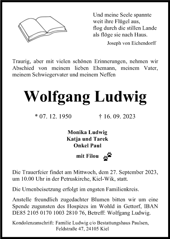 Traueranzeige von Wolfgang Ludwig von Kieler Nachrichten