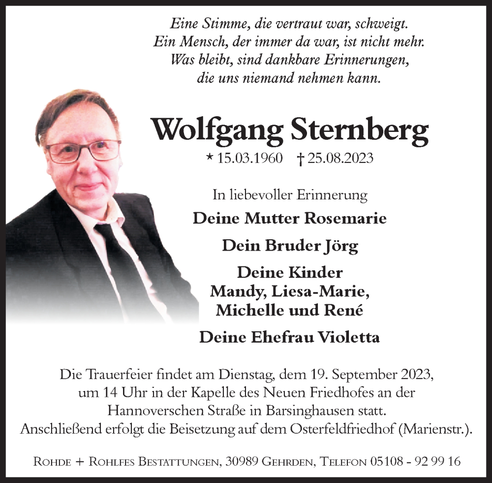  Traueranzeige für Wolfgang Sternberg vom 09.09.2023 aus Schaumburger Nachrichten