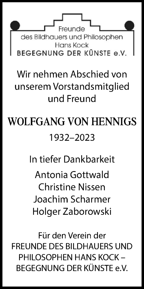 Traueranzeige von Wolfgang von Hennigs von Kieler Nachrichten