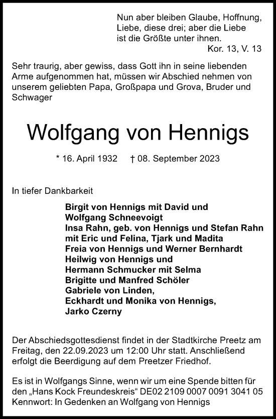 Traueranzeige von Wolfgang von Hennigs von Kieler Nachrichten