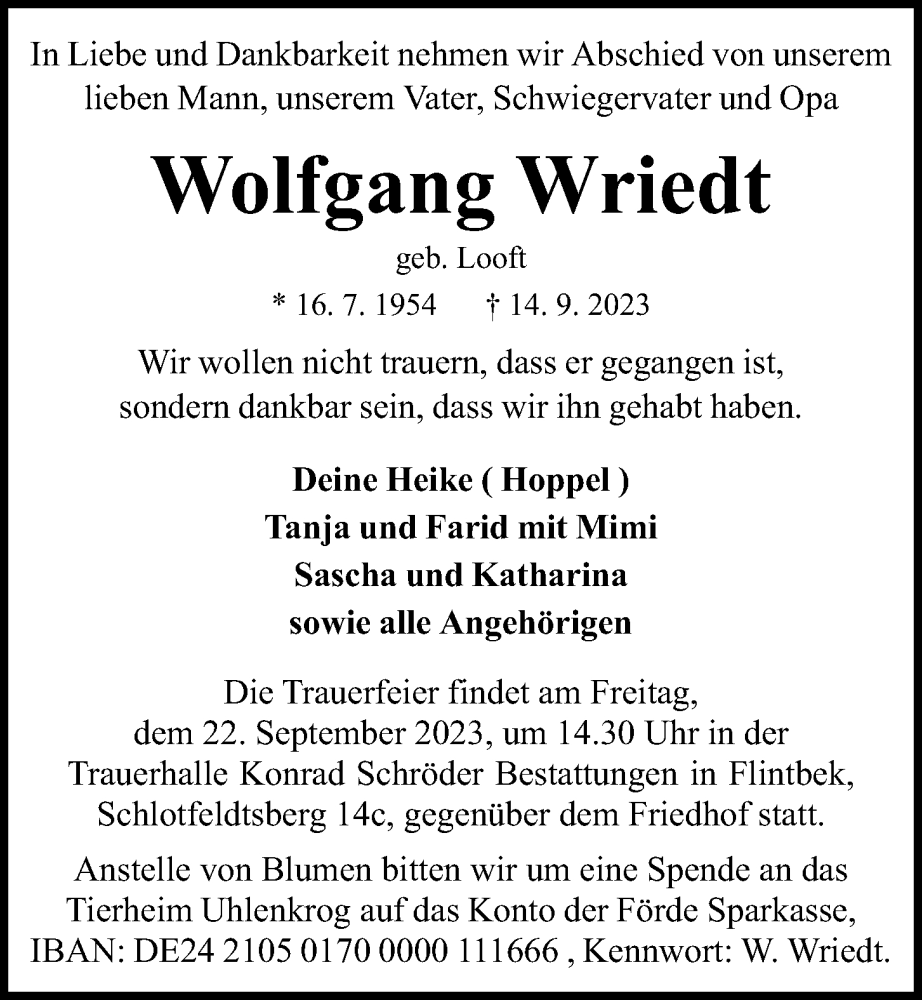  Traueranzeige für Wolfgang Wriedt vom 16.09.2023 aus Kieler Nachrichten