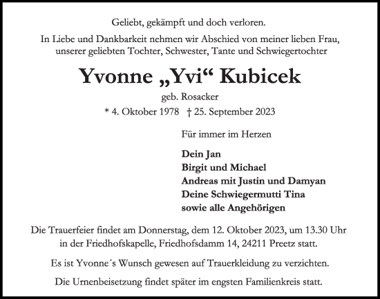 Traueranzeige von Yvonne Kubicek von Kieler Nachrichten