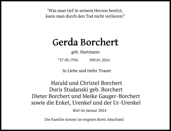 Traueranzeige von Gerda Borchert von Kieler Nachrichten