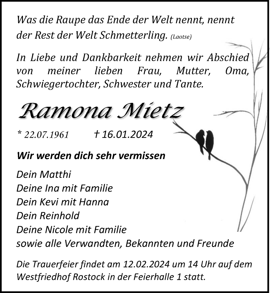  Traueranzeige für Ramona Mietz vom 27.01.2024 aus Ostsee-Zeitung GmbH