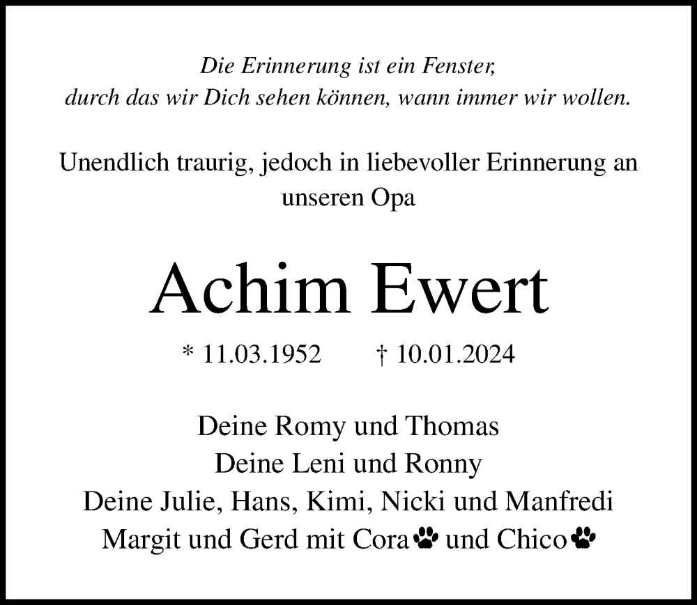  Traueranzeige für Achim Ewert vom 27.01.2024 aus Ostsee-Zeitung GmbH