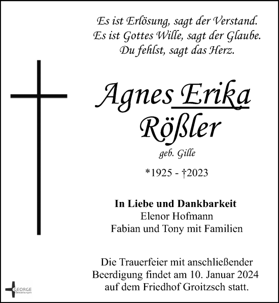 Traueranzeigen Von Agnes Erika Rößler 