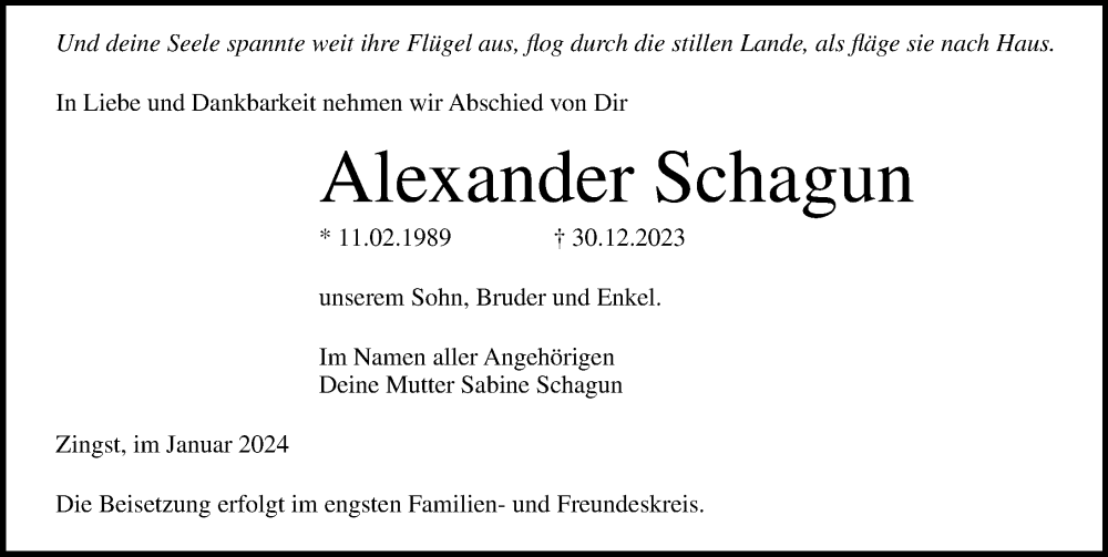  Traueranzeige für Alexander Schagun vom 20.01.2024 aus Ostsee-Zeitung GmbH