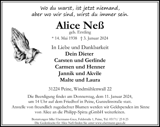 Traueranzeige von Alice Neß von Peiner Allgemeine Zeitung