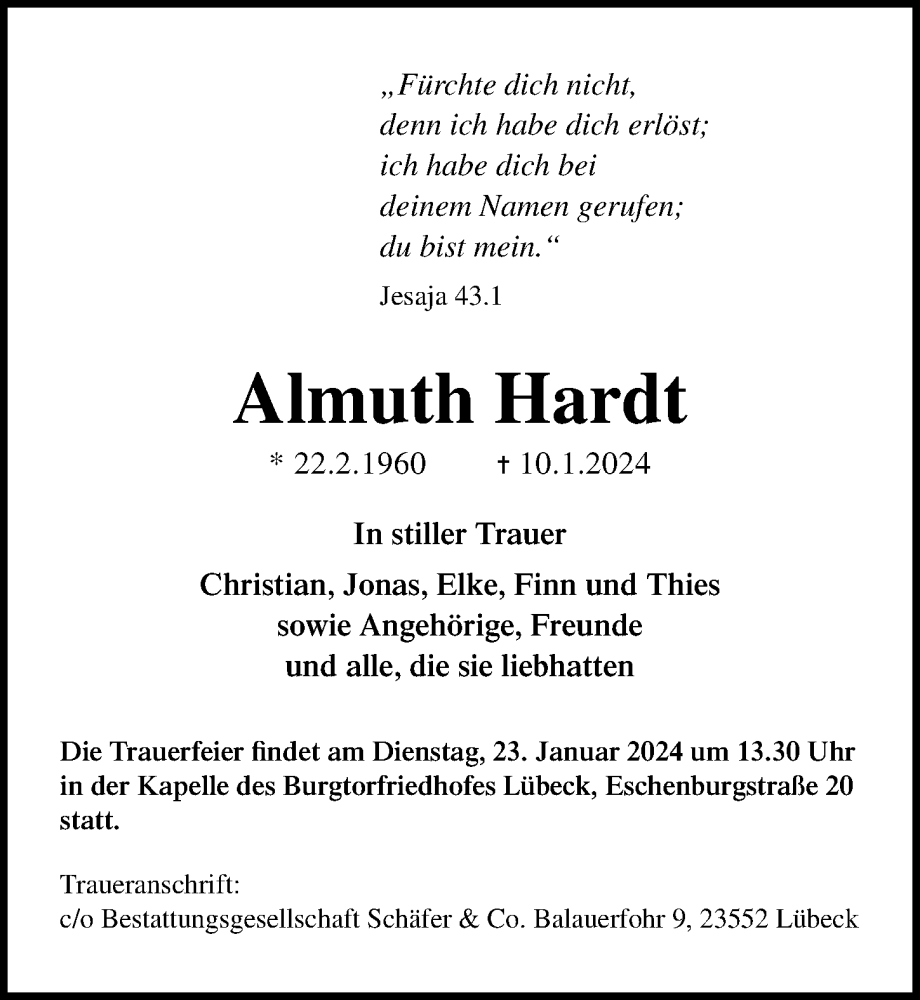  Traueranzeige für Almuth Hardt vom 21.01.2024 aus Lübecker Nachrichten