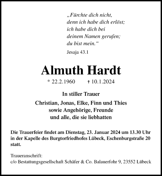 Traueranzeige von Almuth Hardt von Lübecker Nachrichten