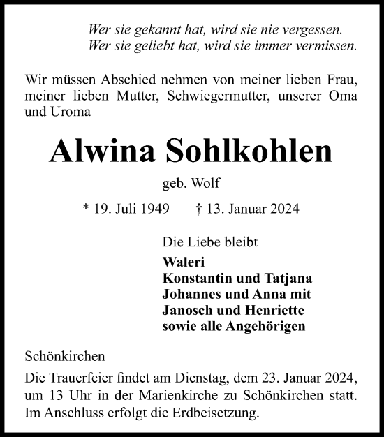 Traueranzeige von Alwina Sohlkohlen von Kieler Nachrichten