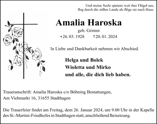 Traueranzeige von Amalia Haroska von Schaumburger Nachrichten