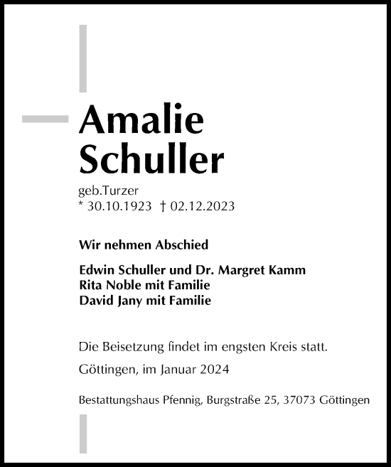 Traueranzeige von Amalie Schuller von Göttinger Tageblatt